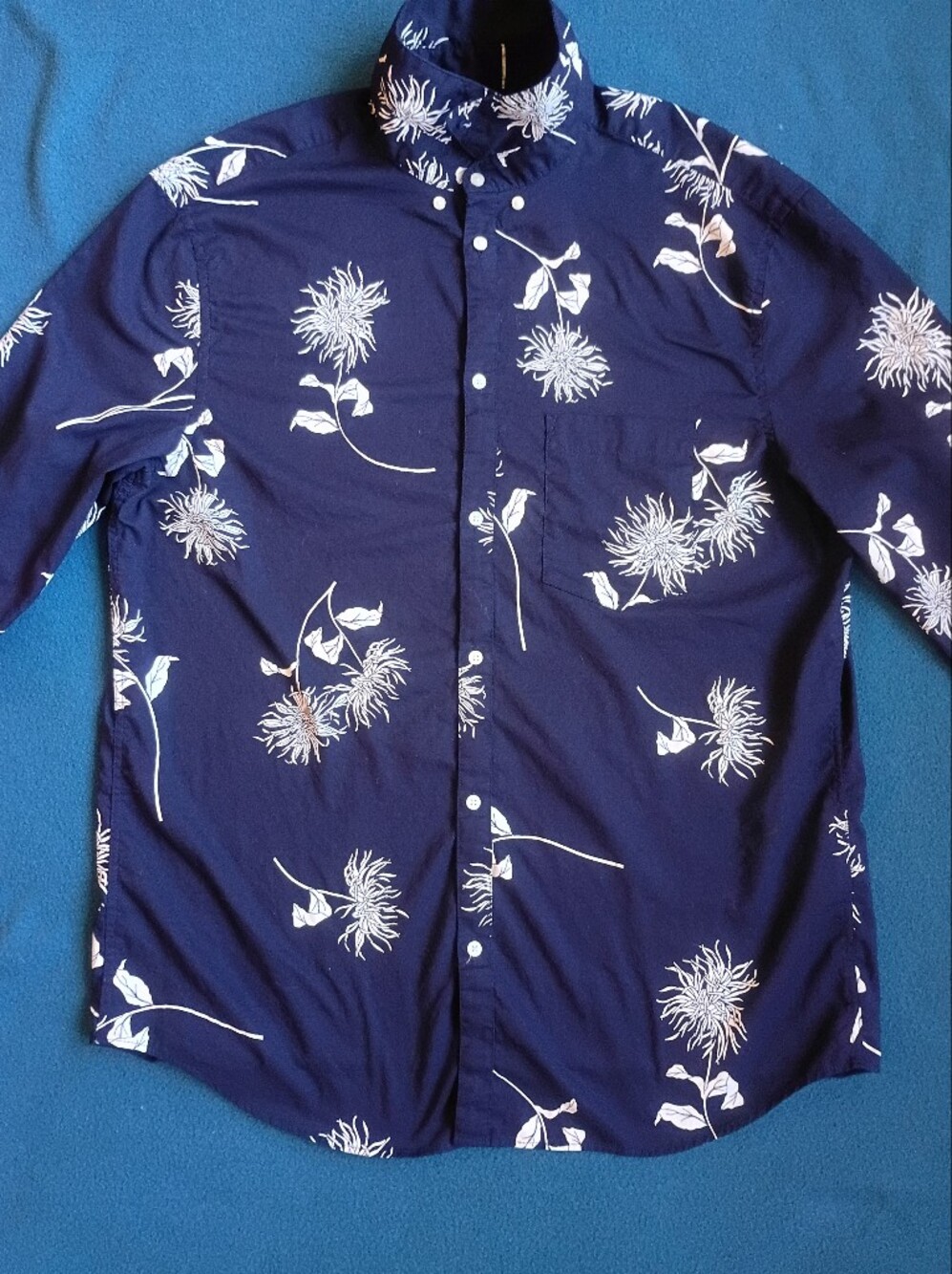 H&M Navy Blue Button-Down Shirt with White Floral Print